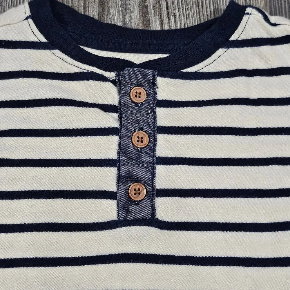 PEKKLE TODDLER LONG‑SLEEVE STRIPED HENLEY TOP – NAVY/WHITE – SIZE 2T